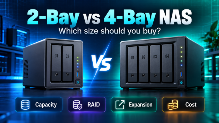 2-bay vs 4-bay NAS featured image comparing a 2-bay NAS and a 4-bay NAS with capacity, RAID, expansion and cost highlights.