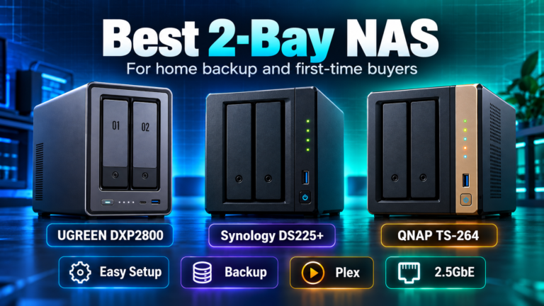 Best 2-bay NAS featured image showing UGREEN DXP2800, Synology DS225+ and QNAP TS-264 for home backup and first-time buyers.