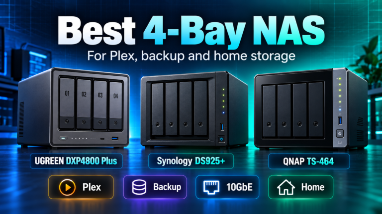 Best 4-bay NAS featured image showing UGREEN DXP4800 Plus, Synology DS925+ and QNAP TS-464 for Plex, backup and home storage.