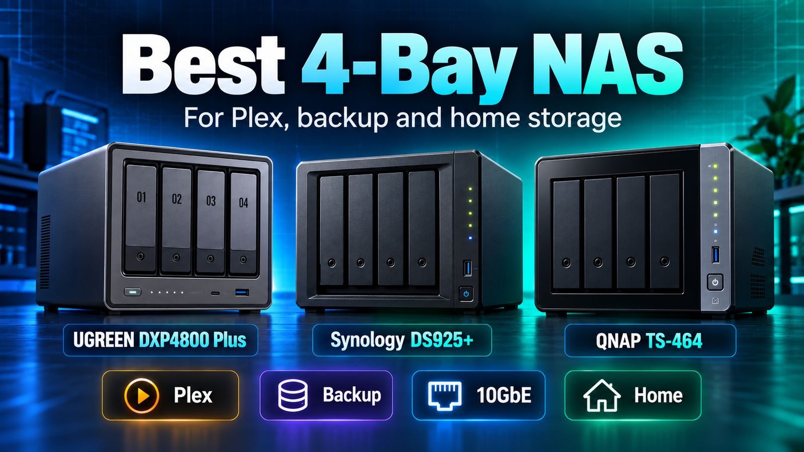Best 4-bay NAS featured image showing UGREEN DXP4800 Plus, Synology DS925+ and QNAP TS-464 for Plex, backup and home storage.
