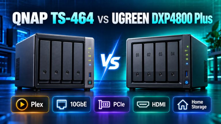 QNAP TS-464 vs UGREEN DXP4800 Plus featured image showing two 4-bay NAS devices with Plex, 10GbE, PCIe, HDMI and home storage highlights.