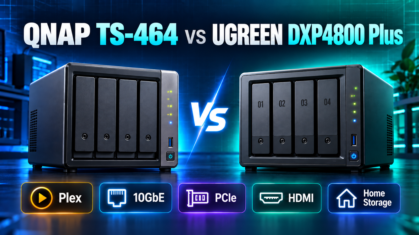 QNAP TS-464 vs UGREEN DXP4800 Plus featured image showing two 4-bay NAS devices with Plex, 10GbE, PCIe, HDMI and home storage highlights.