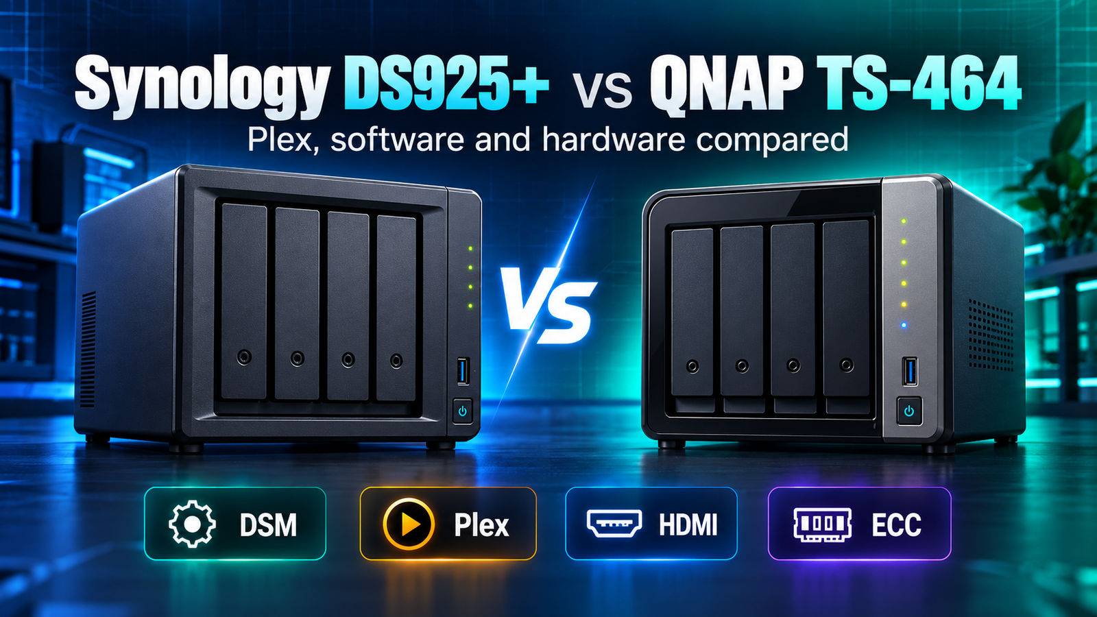 Synology DS925+ vs QNAP TS-464 featured image showing two 4-bay NAS devices with DSM, Plex, HDMI and ECC highlights.