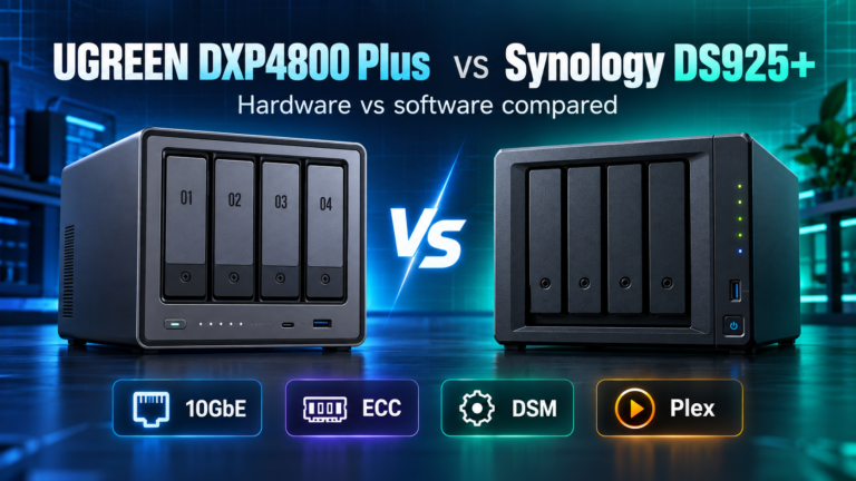 UGREEN DXP4800 Plus vs Synology DS925+ NAS comparison featured image showing two 4-bay NAS devices with 10GbE, ECC, DSM and Plex highlights.