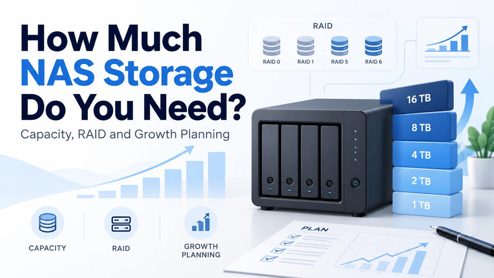 NAS storage capacity planning with RAID and drive size options